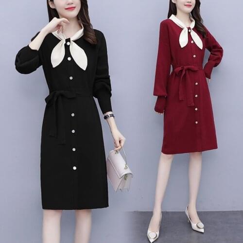 Autumn Winter Knit Long Sleeve Women Casual O-Neck Slim Bodycon robe Sweater Dresses Office Lady Midi Dress