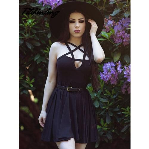 Fitshinling Pentagram Strap Gothic Dress Women Punk Grunge Slim Sexy Pareos 2020 A-Line Dark Sleeveless Summer Dresses Hot Sale