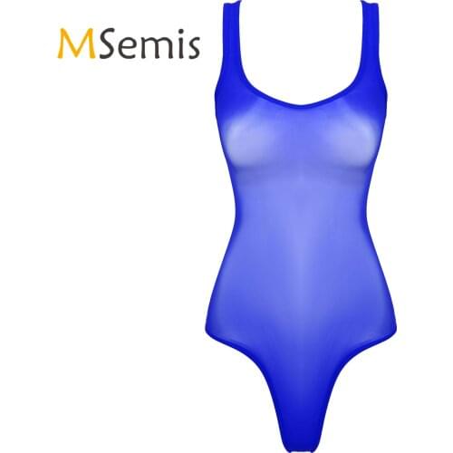 Womens Sexy Bodysuit Underwear See-through Mesh Glossy Scoop Neck Sleeveless Leotard Sexy Costume for Lingerie Party Honeymoon
