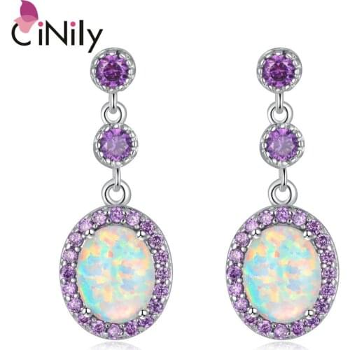 CiNily Large White Fire Opal Oval Stone Earrings Silver Plated Violet Lilac Purple Zircon Crystal Vintage Party Jewelry Women