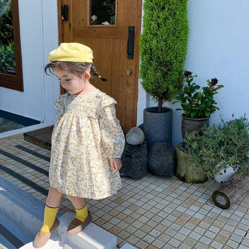 Spring Autumn cute girls cotton Floral falbala dress pastoral style kids long sleeve cute dresses