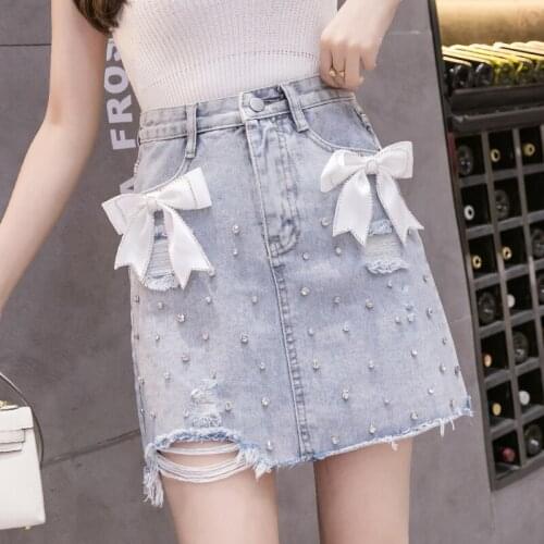 High Waist Women Hole Bowknot beaded Denim Skirt Sexy Fashion Summer Korean Girls Jeans Ripped Mini Skirt Cotton Short Skirt