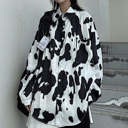 Milk Cow Pattern Print Shirts for Women 2021 Fashion Trends Goth Streetwear Ladies Oversized Boyfriend Button Up Blouse and Tops