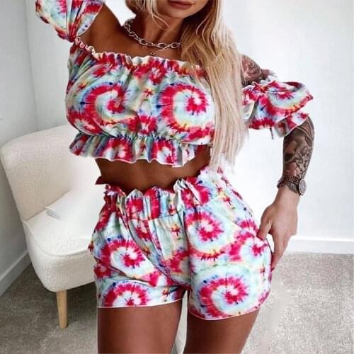 2021 Women Outfits Short Sleeve Ruffles Bohemian Print Floral Sexy Off Shoulder Short Fashion Set Holiday