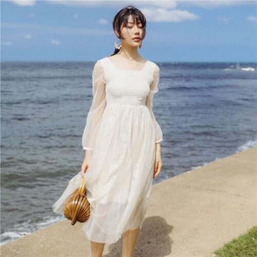 Womens Dresses Korean Retro Wild Mesh Lace Slim Dresses Femme Fashion Spring Vintage Solid A Line Ropa Mujer Dress High Quality