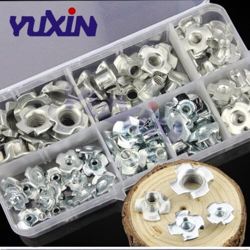 80Pcs/set M3 M4 M5 M6 M8 Zinc Plated Four Claws Nut Speaker Nut T-nut Blind Pronged Tee Nut Furniture Assortment Kit
