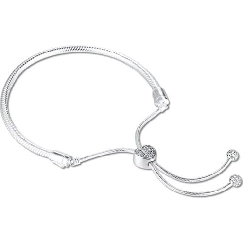 New Fashion 925 Sterling-Silver-Jewelry Moments Pavé Heart Clasp Snake Chain Slider Bracelets on Hand for Women Free Shipping