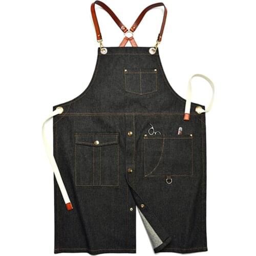 Split Leg Black Denim Apron Cowhide Leather Cotton Strap Barista Pastry Chef Uniform Barber Hairdresser Florist Work Wear E19