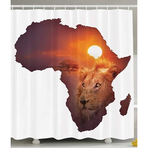 Decor African Art Wildlife Shower Curtain Continent Lion Sunset Digital Print High Resolution Picture Photography Brown and Whi