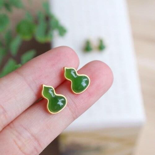 Natural Hetian jade and Jasper Earrings S925 silver gold exquisite versatile daily commuting womens small gourd Earrings