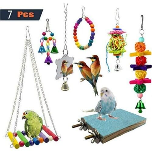 Parrot Bite Toy Pet Bird Toys Mirror Swing Suspension Bridge 7-Piece Set