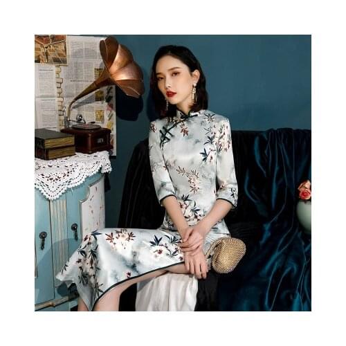 Chinese Traditional Long Cheongsam Women Silk Dress Prom Qipao Size S to
