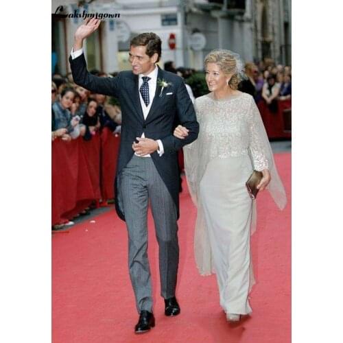 Long Sleeve Lace Mother of the Bride Dresses 2020 with Chiffon Cape Grey vestido de madrinha farsali vestidos de novia Formal