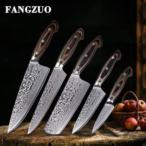 FANGZUO 5PCS Kitchen Knife Set Stainless Steel Blades Damascus Laser Chef Knife Sets Santoku Utility Paring Cooking Tools