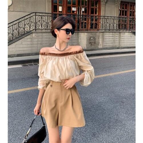 Autumn Elegant women 2 pieces set sexy off shoulde shirt half sleeve higj waist wide leg shorts girs suit