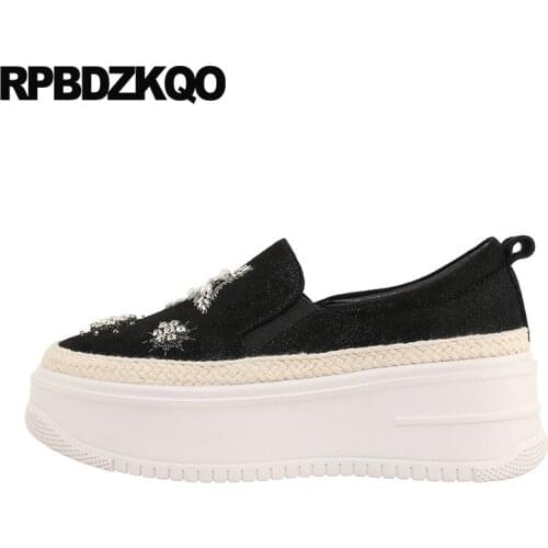 Straw Hemp Ladies Beautiful Flats Shoes Harajuku Muffin Beaded Rhinestone Platform Creepers Pearl Diamond Espadrilles Crystal
