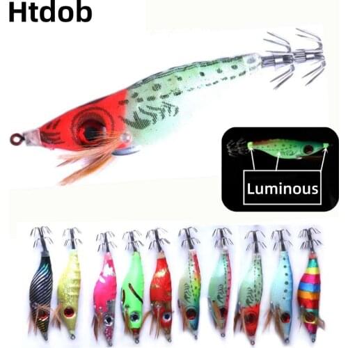 10pcs/lot Luminous Squid Jig Fishing Wood Shrimp Lure Octupus Cuttlefish Bait Jig Lure Fishing Tackle 10cm 8.5g Artificial Lures