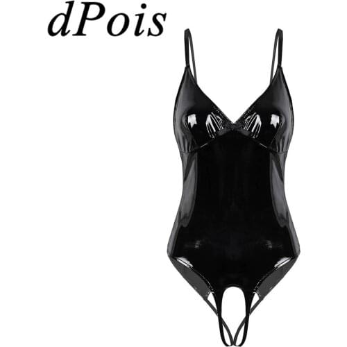 Sexy Lady Wet Look Black Patent Leather Latex Catsuit Exotic Lingerie Bodysuit Women Open Crotch Romper High Cut Thong Leotard
