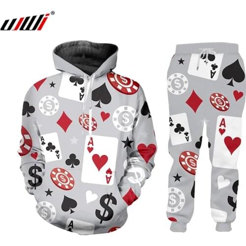 UJWI 3D Printed Poker Gambling Short Sleeve Tracksuit Casual Sweatshirt Pants Hip Hop Top Playing Cards Harajuku Zipper Pullover