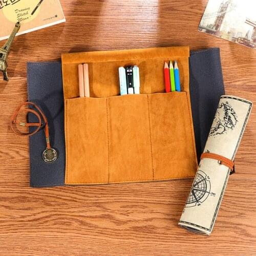 1pcs Random Retro Trend Pirate Pattern Portable Large Capacity Stationery Bag Pencil Bag Fashion Leather Roll Up Pen Bag