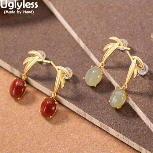 Uglyless Handmade Bamboo Leaves Earrings for Women Water Drop Gemstones Jade Agate Earrings Real 925 Silver China Chic Jewelry