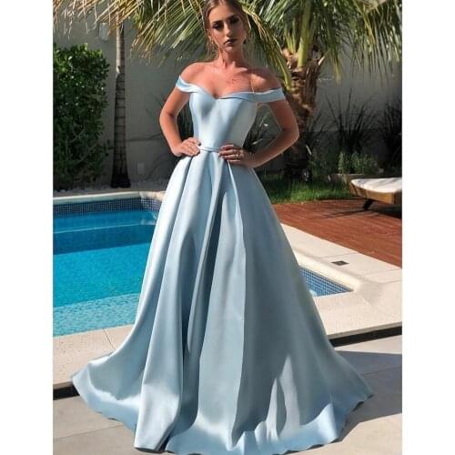 Vintage Long Off Shoulder Light Blue Evening Dresses with Pockets Floor Length Zipper Abendkleider Formal Party Dress for Women