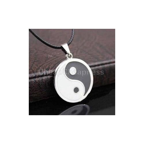 Vintage Stainless Steel Yin Ying Yang Pendant Necklace Black White Necklace Men PU Leather Necklaces Jewelry Chinese Style