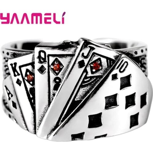 Vintage Style Straight Flush Playing Cards Opening Cuff Ring 925 Sterling Silver Finger Jewelry Red Cubic Zirconia Women Men