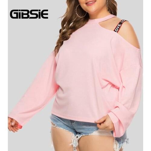 GIBSIE Cold Shoulder Letter Ribbon Keyhole Back Blouse Plus Size 4xl xxxl Women Casual Long Sleeve Blouses Tops Autumn 2021