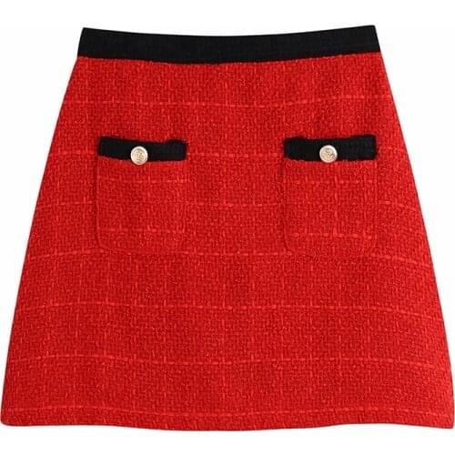 Aonibeier 2021 Za Woman Casual Traf Mini Skirt Autumn Winter Tweed Woolen Buttons Pockets Patchwork A-Line Skirt Jupe Femme Red