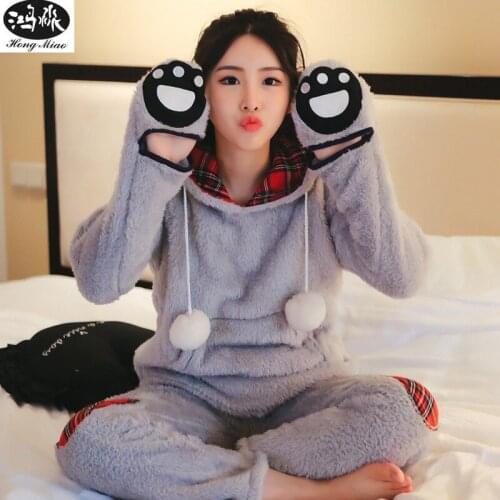 Women Pajamas Sets 2018 Winter Long Sleeve Warm Comfortable Pajamas Sets Female Cute Bear Paw Plaid Patchwork Hooded Sleepwear