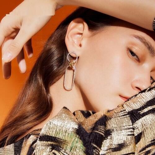 Luxury european women simple gemetric fashion jewelry micro pave cz hollow circle rectangle flexible dangle earring