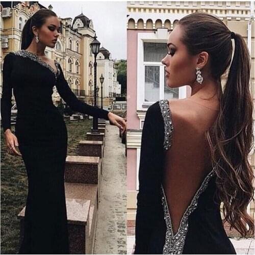New Elegant Robe Evening Dress 2020 Long sleeve illusion Crystals Beaded Long mermaid Evening dresses Pageant Dress