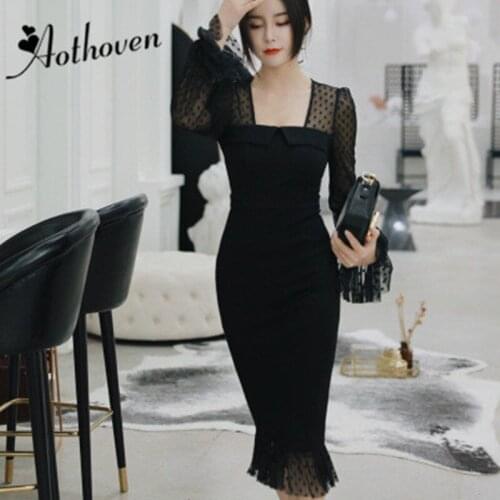 Spring Bodycon Mesh Patchwork Mermaid Dress Women Black Long Sleeve Square Collar Dress Office Lady Elegant Sexy Party Dresses