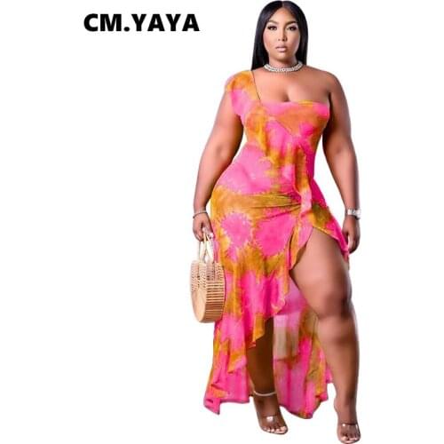 CM.YAYA Women Plus Size Dress Print One Shoulder Sleeveless Asymmetrical Ruffles Splited Long Maxi Dresses Fashion Outfit Summer