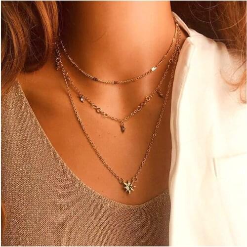 Gold Chain Chokers For Women Multi Layer Metal Thin Star Pendant Statement Collar Bulk Party Jewelry Collier Simple Necklace