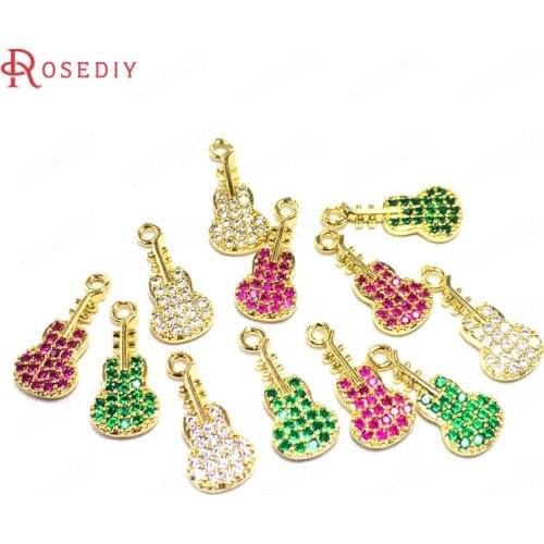 38633)6PCS 7x16MM 24K Champagne Gold Color Brass and Zircon Guitar Charms Pendants Jewelry Making Supplies Diy Accessories
