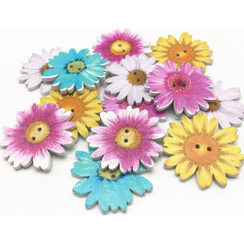 50pcs Mixed 34mm Summer Wood Buttons 2 Holes Daisy Flower Button Embellishments Sewing Scrapbooking