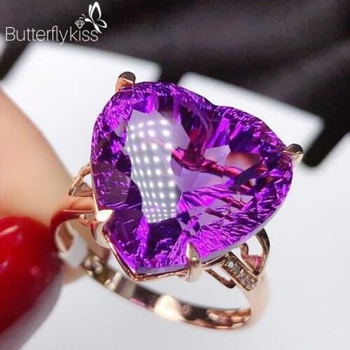 BK 18K Yellow Gold Natural Amethyst Ring With Genuine Gold 585 Women Jewelry Rings For Women Diamond Wedding Band