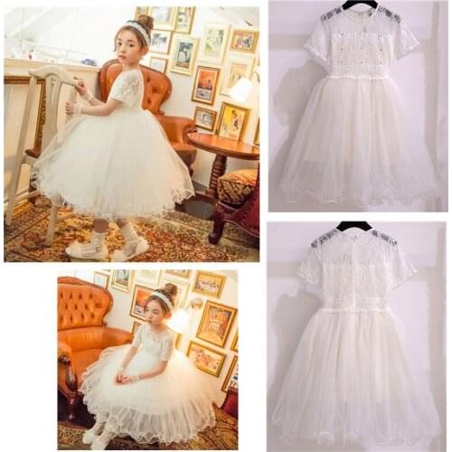 Childrens Performance Dress White Pure Short Sleeve Girl Princess Wind Lace Mesh Cotton Lined Pengpeng Fishbone Hemmed Dress