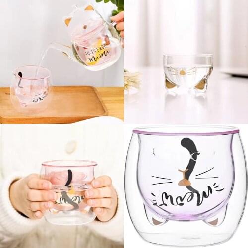 Double-layer Glass Cat Teacup, High Temperature Resistant Filterable Tea Water Separation Tea Cup, Cute Home Tea Set