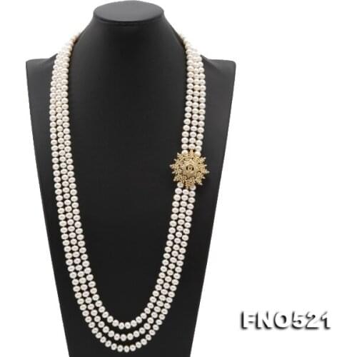 Elegant Ladies Necklace 3rows 8-9MM White Natural Freshwater Pearl Long Necklace With Rhinestone Flower Jewelry Loving Gift