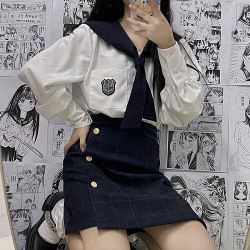 Herstory Korean uniform jk suit full set of student school uniform sailor collar college style long-sleeved shirt bag hip skirt