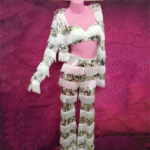 Jazz Costume Sexy Outfits For Woman White Tassel Bright Sequins Female Singer Dancer Stage Wear Hip Hop Dance Rave Suits DT506
