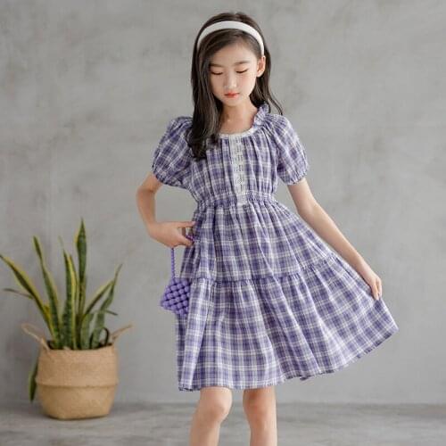 Red Purple Girls Dress Plaid Pattern Dresses Puff Sleeve Kids Cotton Summer Dress 2021 Children Clothes For Girl Age 4-17 Years