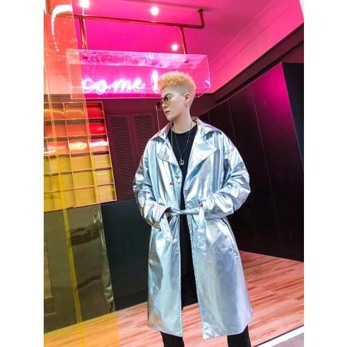 Fashion Cazadora Larga Casual Long Shiny Jacket Male Hip Hop Dancer Singer Stage Costume Custom Made Coat Trench Coat Homme