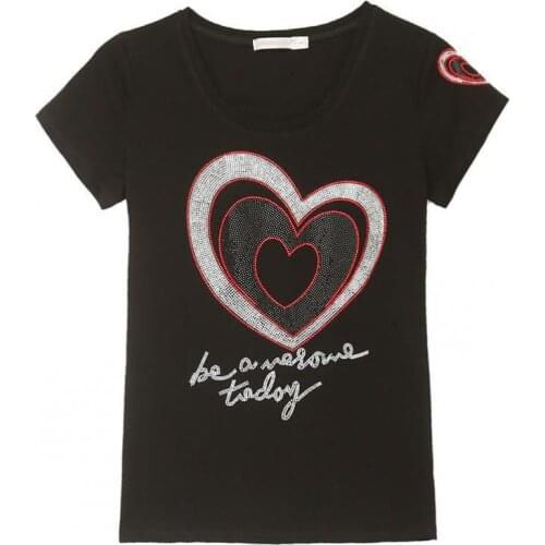 Zuolunouba Hot Drilling Love T-shirt Women Summer New White Slim Short-sleeved Tees Tops Female Cotton Wild