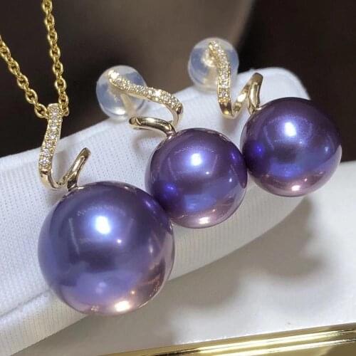 D308 Fine Jewelry 18K Gold 9-13mm Natural Fresh Water Purple Pearl Females Jewelry Sets for Women FIne Jewelry Sets