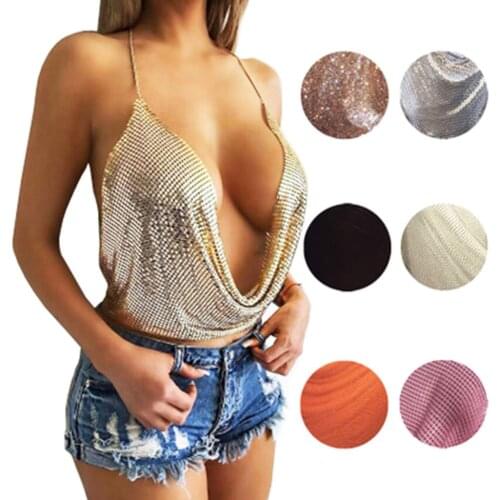 2020 New Elegant Metal Crop Top Summer Sexy Club Backless Bralette Beach Halter Gold Sequined Party Women Tank Top Camisole