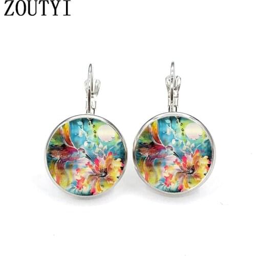New/glamour classic flower hummingbird photo, convex glass inlay earrings, ladies wear earrings jewelry gift